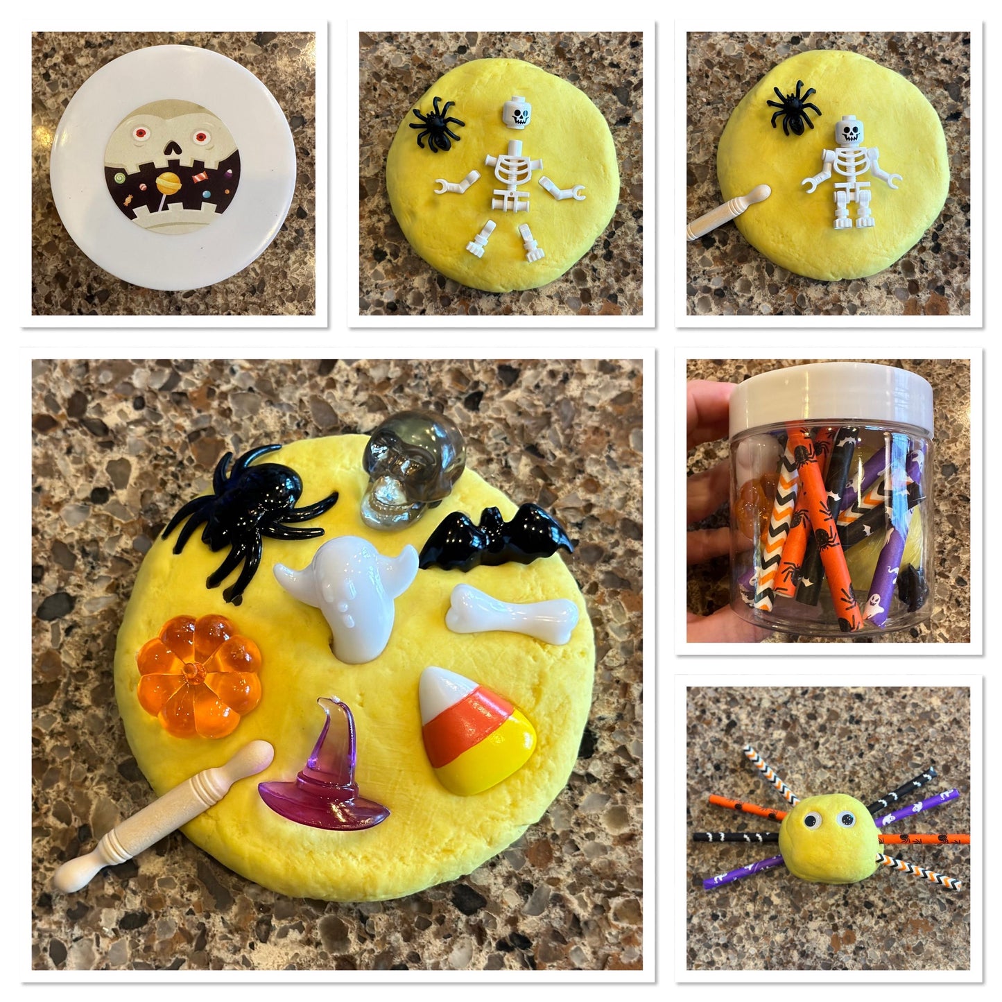 Organic Halloween Playdough sensory jar - HALLOWEEN - pumpkin, bat, ghost, skull, candy corn, bones, spider theme - add Lego skeleton kit &