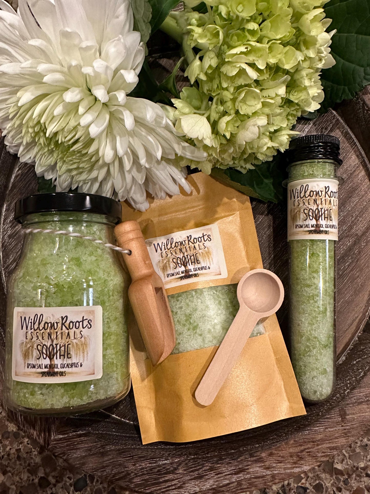 Organic bath salt tube, bath packet pouch, bath salt glass jar