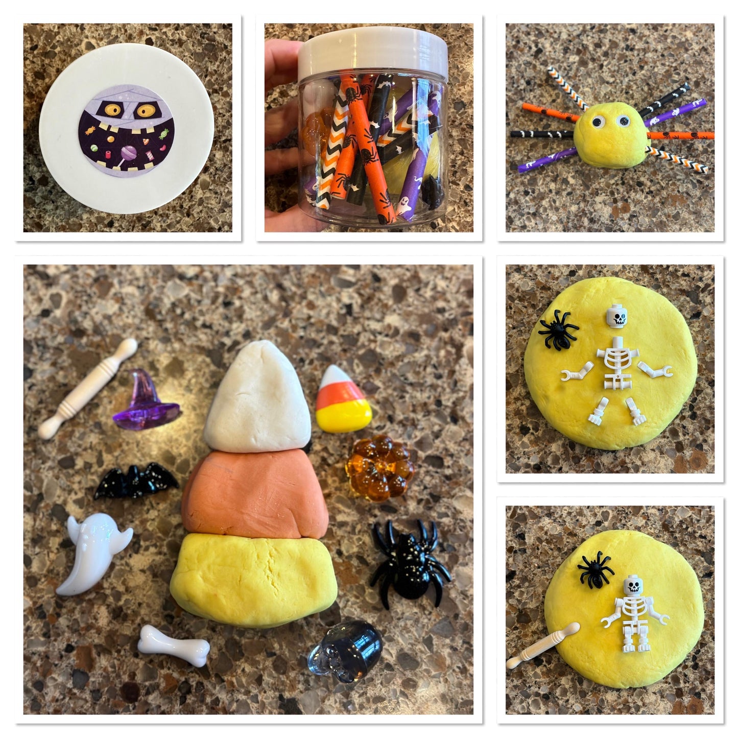 Organic Halloween Playdough sensory jar - HALLOWEEN - pumpkin, bat, ghost, skull, candy corn, bones, spider theme - add Lego skeleton kit &