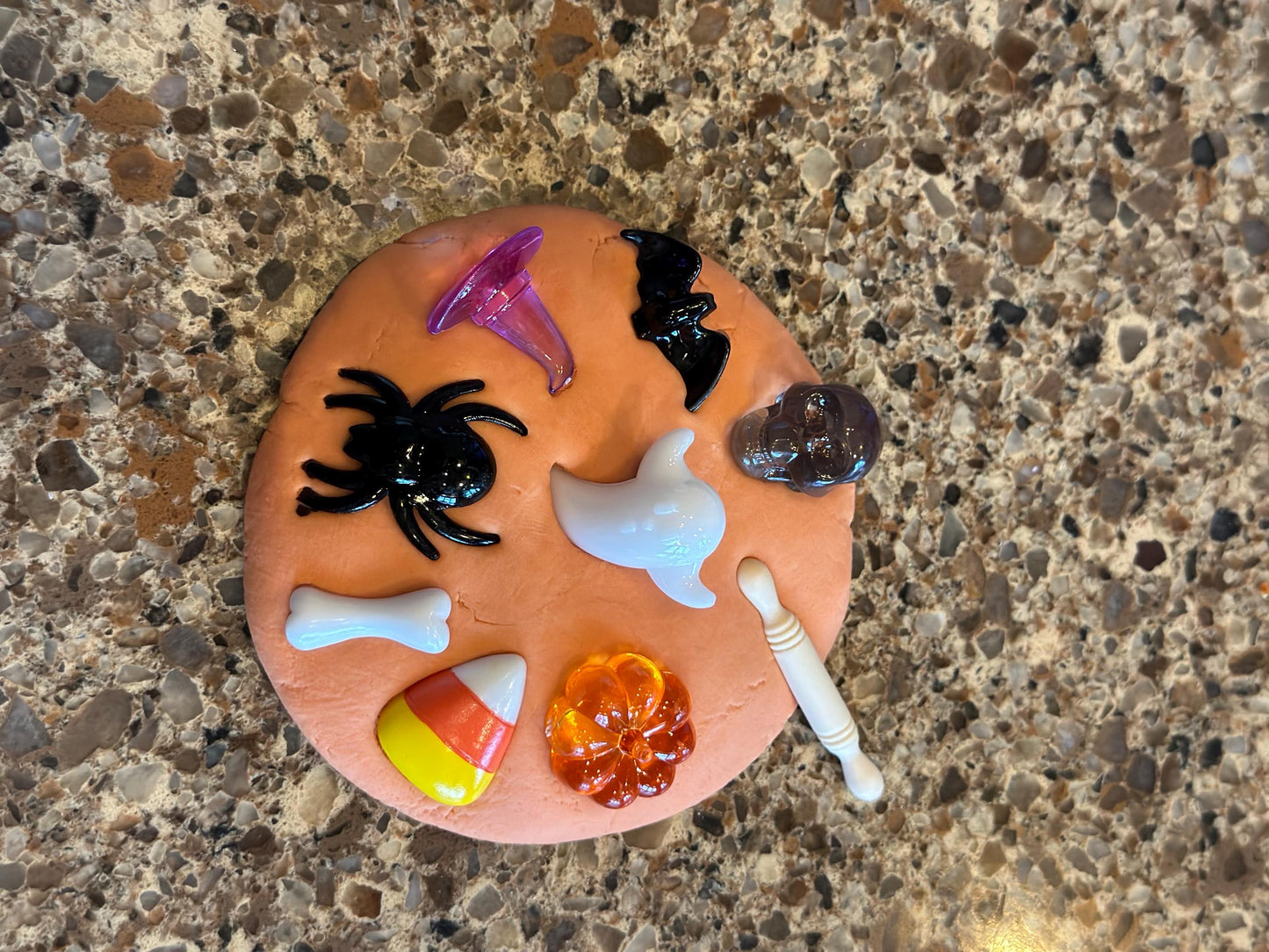 Organic Halloween Playdough sensory jar - HALLOWEEN - pumpkin, bat, ghost, skull, candy corn, bones, spider theme - add Lego skeleton kit &