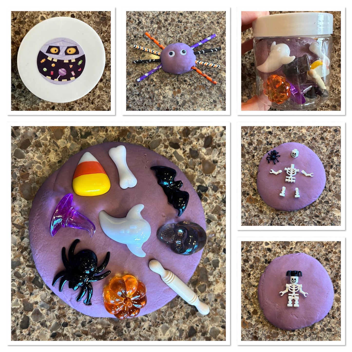 Organic Halloween Playdough sensory jar - HALLOWEEN - pumpkin, bat, ghost, skull, candy corn, bones, spider theme - add Lego skeleton kit &