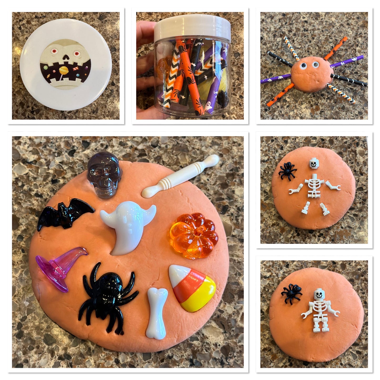 Organic Halloween Playdough sensory jar - HALLOWEEN - pumpkin, bat, ghost, skull, candy corn, bones, spider theme - add Lego skeleton kit &